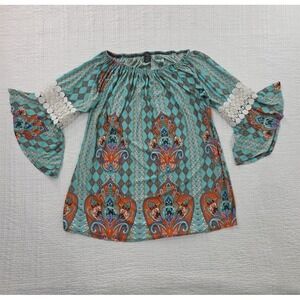 Win Win Pinwheel Sleeve Tunic Womens L-XL Blue Multicolor Crochet Details Boho‎